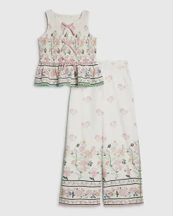 Girls white Smock Cotton Top and Trouser Set