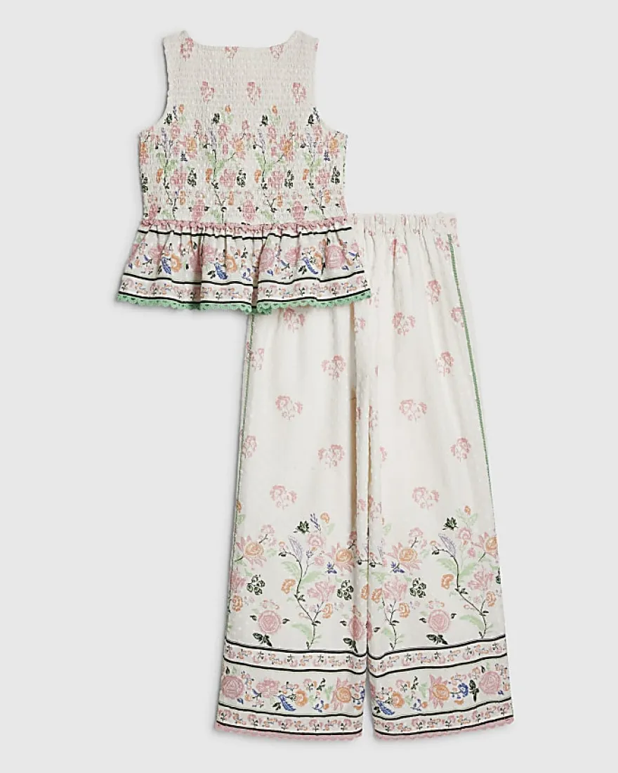 Girls white Smock Cotton Top and Trouser Set