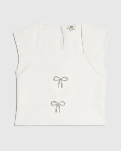 Girls White Textured Bow Top