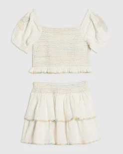 Girls White Whipstitch Top And Skirt Set