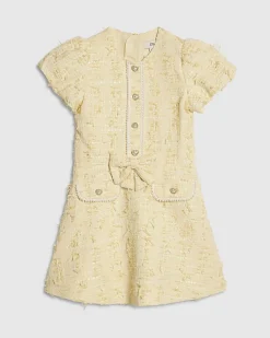Girls Yellow Bow Boucle Pearl Dress