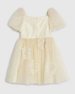 Girls Yellow Puff Sleeve Floral Tulle Dress