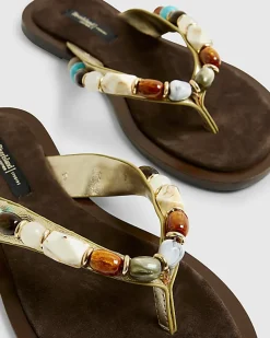Gold Beaded Toe Thong Flat Sandals