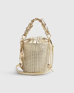Gold Chain Handle Woven Bucket Bag