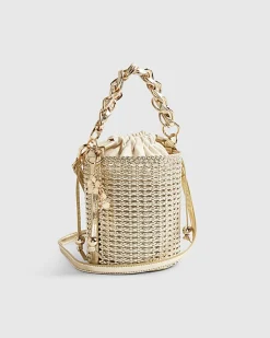 Gold Chain Handle Woven Bucket Bag