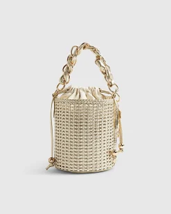 Gold Chain Handle Woven Bucket Bag