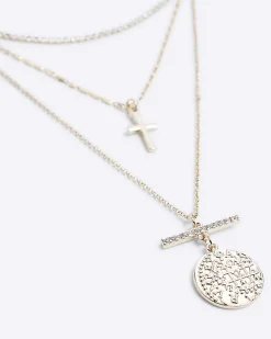 Gold Coin Cross Layered Necklace