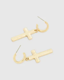 Gold Diamante Cross Hoop Earrings