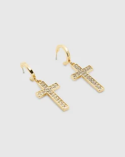 Gold Diamante Cross Hoop Earrings