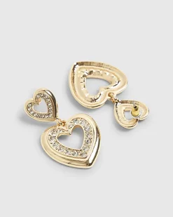 Gold Diamante Double Heart Drop Earrings