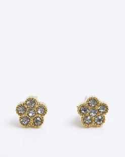 Gold Diamante Flower Stud Earrings