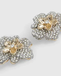 Gold Diamante Flower Stud Earrings