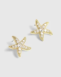 Gold Diamond Simulant Starfish Stud Earrings