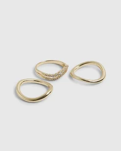 Gold Diamond Simulant Wave Rings 3 Pack