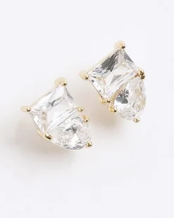 Gold Double Diamond Simulant Stud Earrings