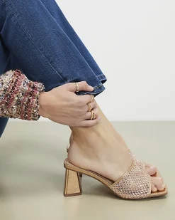 Gold Embellished Mesh Mule Heeled Sandals