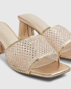Gold Embellished Mesh Mule Heeled Sandals
