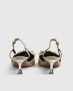 Gold Flower Trim Raffia Slingback Court Heels
