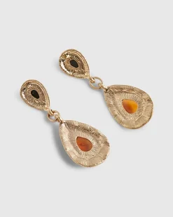 Gold Hammered Stone Drop Earrings