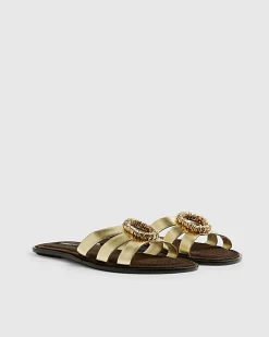 Gold Leather Bead Ring Flat Sandals