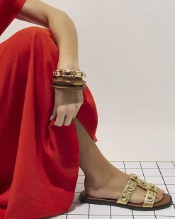 Gold Leather Studded Flat Sandals