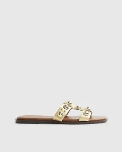 Gold Leather Studded Flat Sandals