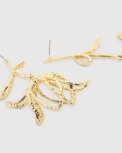 Gold Long Stem Rose Earrings