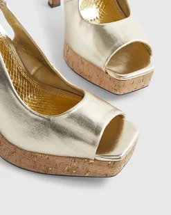 Gold Peep Toe Platform Heeled Sandals