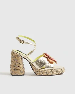 Gold Raffia Heel Flower Sandals