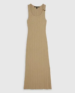 Gold Rib Knit Buckle Midi Dress