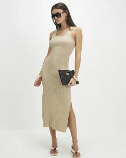 Gold Rib Knit Buckle Midi Dress