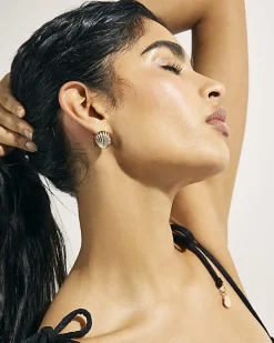 Gold Shell Huggie Hoop Earrings