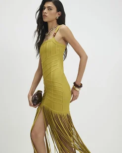 Green Bandage Knit Fringe Dress
