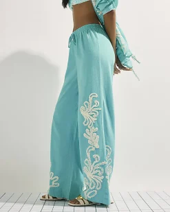 Green Broderie Drawstring Wide Leg Trousers