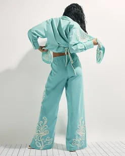 Green Broderie Drawstring Wide Leg Trousers