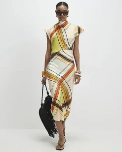 Green Check Print Column Midi Dress