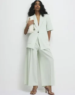 Green Crop Sleeve Pocket Blazer