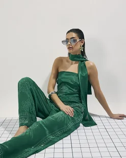 Green Embellished Wide Leg Trousers