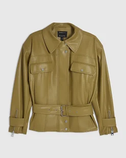 Green Faux Leather Belted Jacket