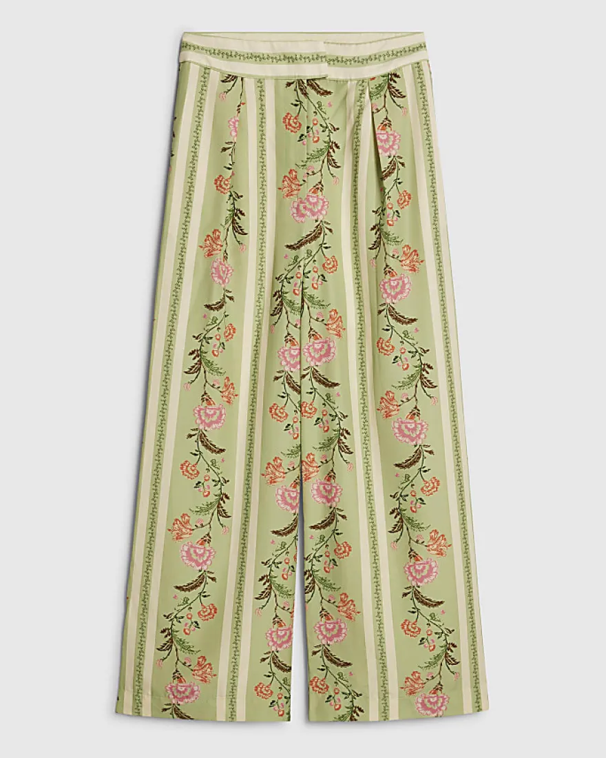 Green Floral High Waisted Wide Leg Trousers