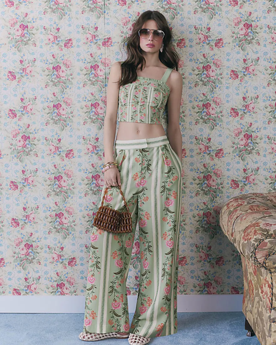 Green Floral High Waisted Wide Leg Trousers