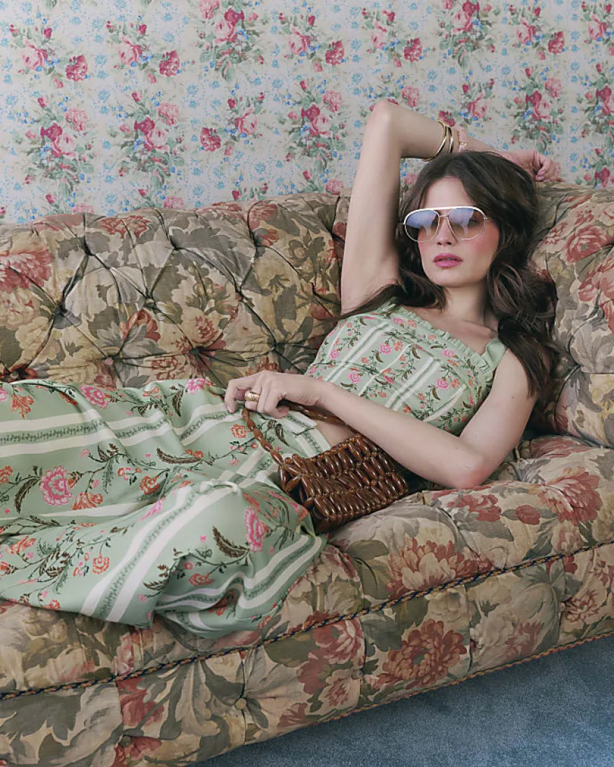 Green Floral High Waisted Wide Leg Trousers