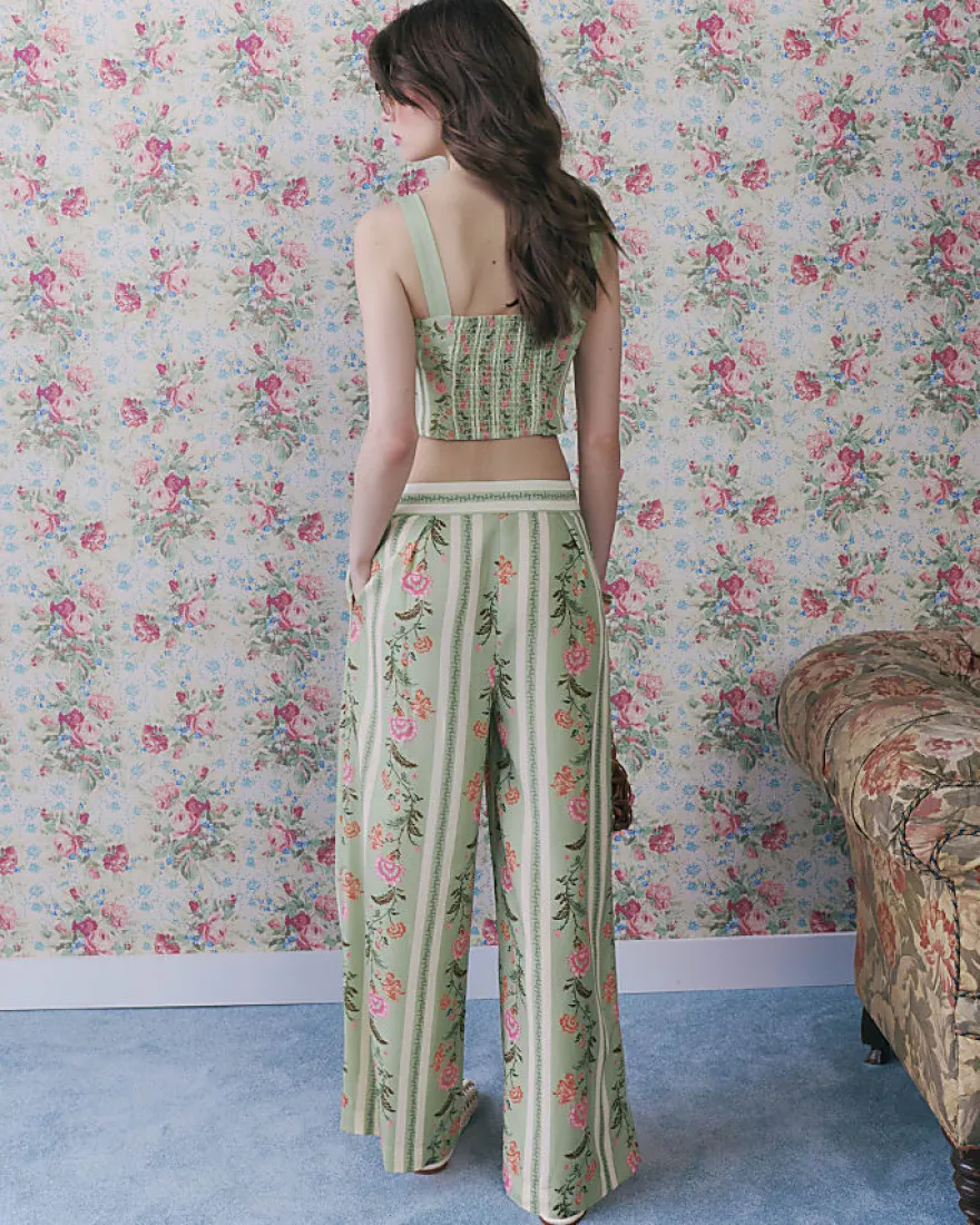 Green Floral High Waisted Wide Leg Trousers
