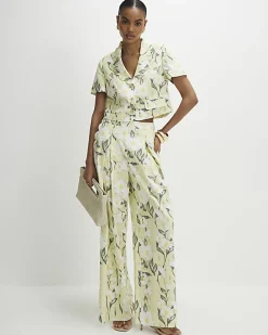 Green Floral Linen Blend Wide Leg Trousers