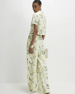 Green Floral Linen Blend Wide Leg Trousers