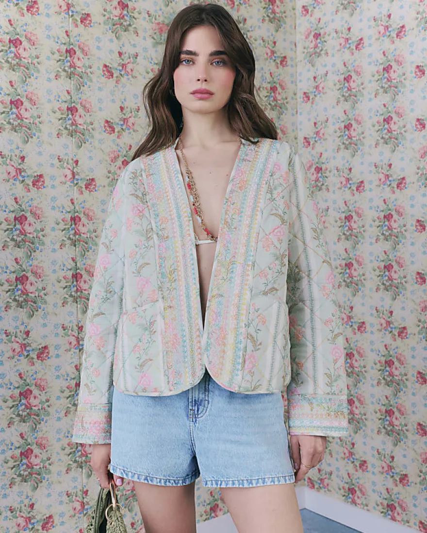 Green Floral Print Quilted Cotton Jacket