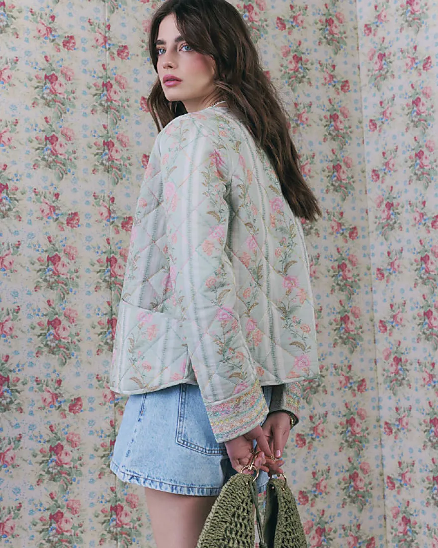 Green Floral Print Quilted Cotton Jacket