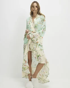 Green Floral Print Waterfall Hem Robe