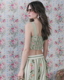 Green Floral Ruffle Trim Corset Top
