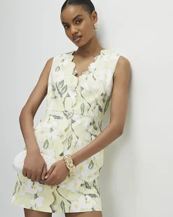 Green Floral Scalloped Linen Blend Mini Dress